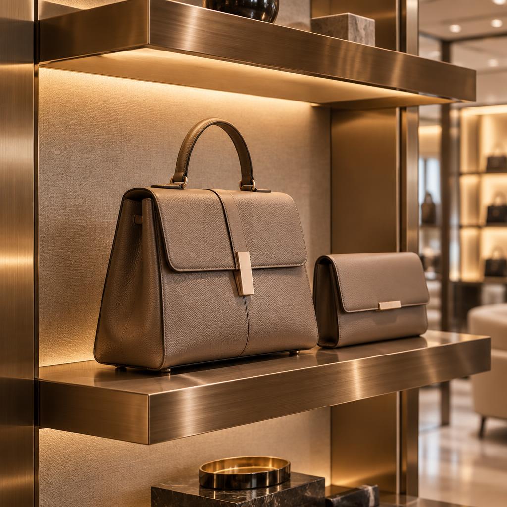 Illuminated gold shelf displaying leather handbags