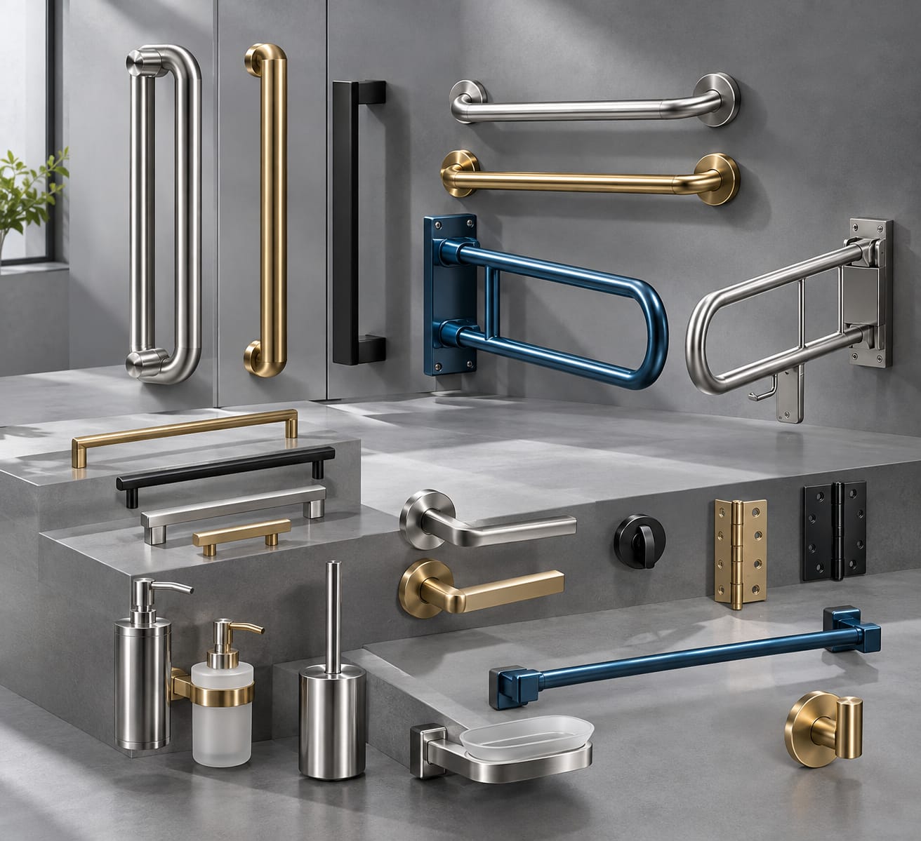 Coordinated PVD handrails, handles and bathroom fittings