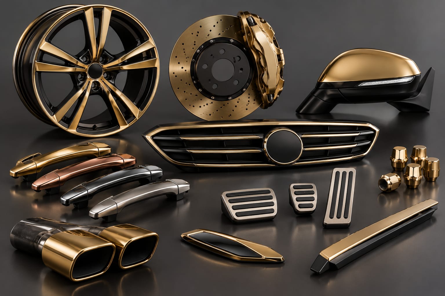 PVD coated automotive parts — wheel, brake caliper, grille, mirror, exhaust tips and handles