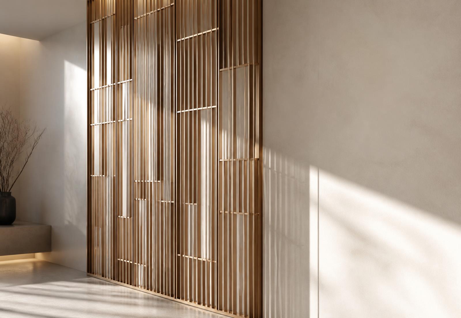 Bespoke rose gold PVD partition screen in an ivory interior