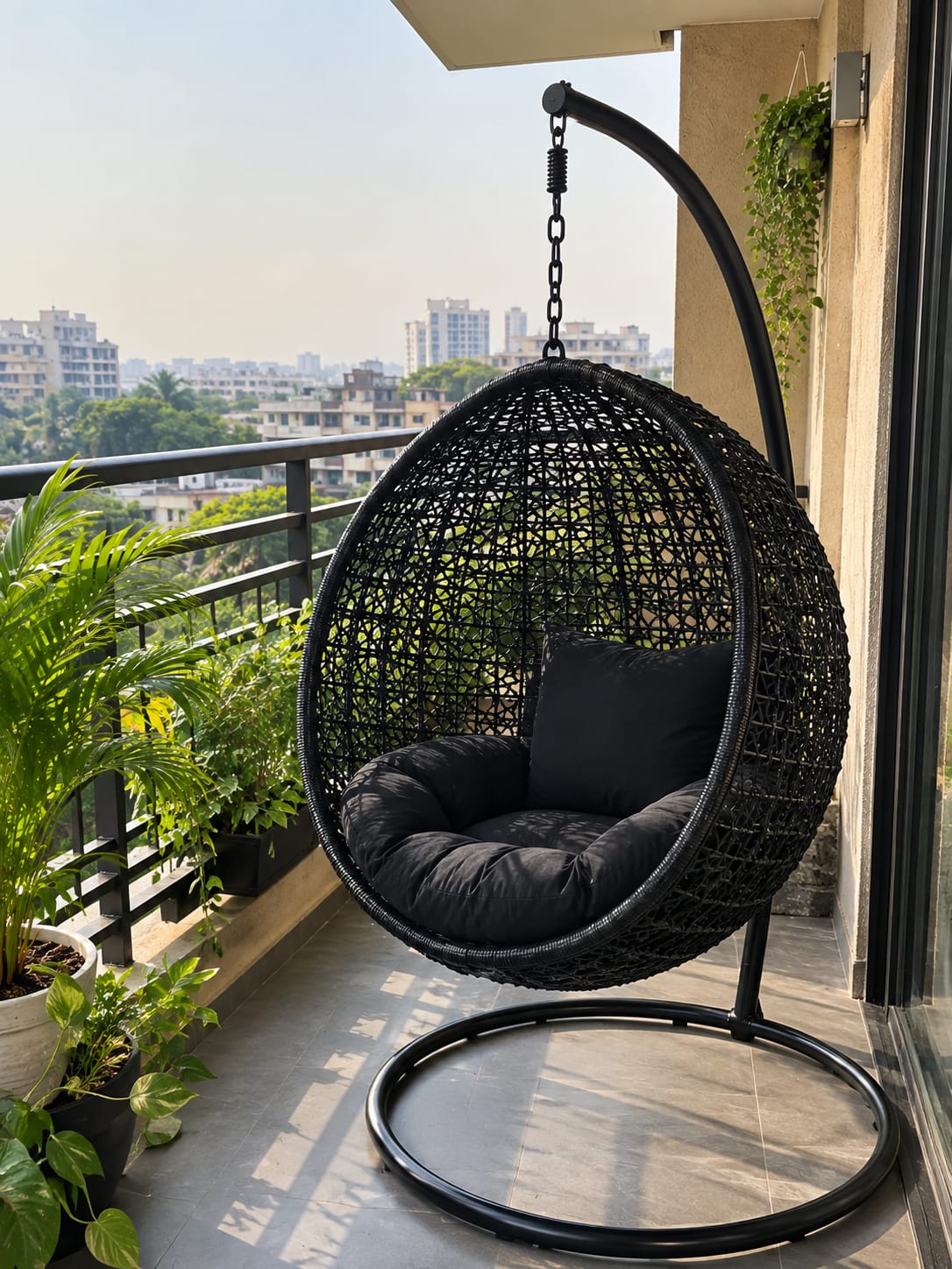 Black PVD hanging chair on a balcony