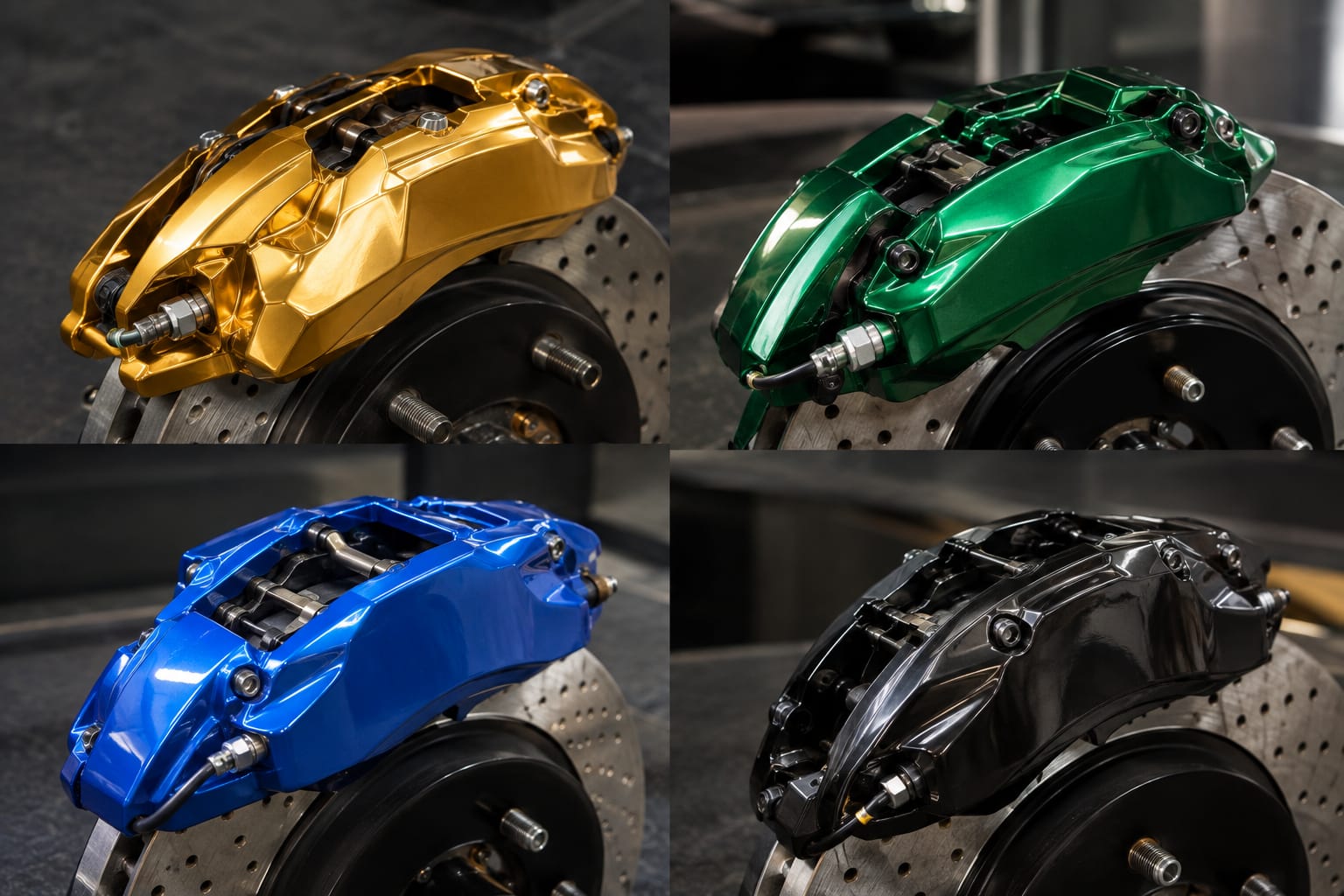 Brake calipers finished in gold, green, blue and black PVD