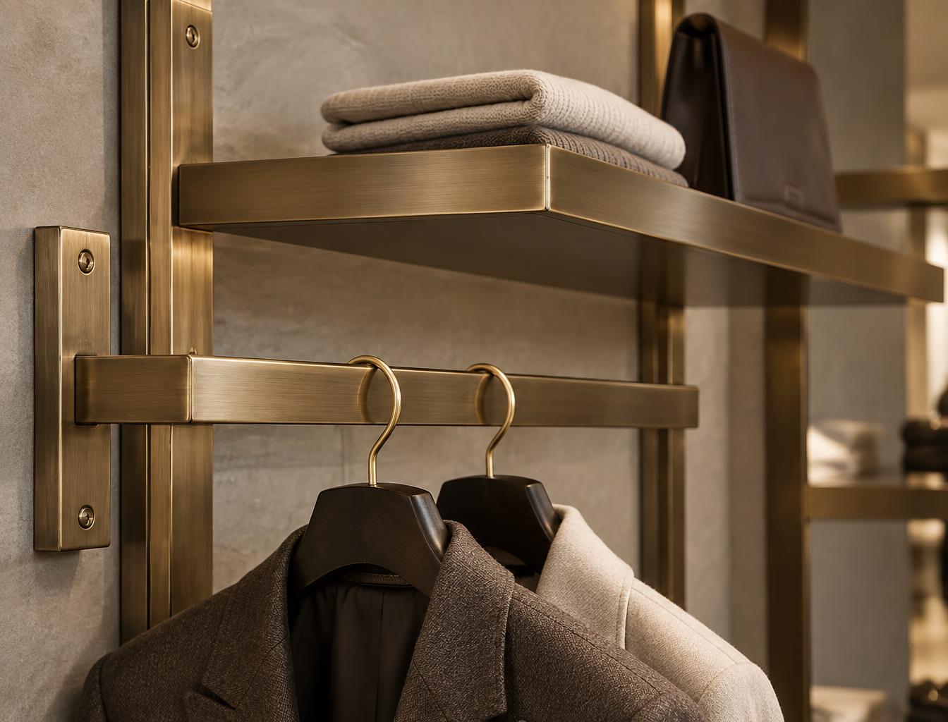 Close-up of brass PVD display racks and shelves