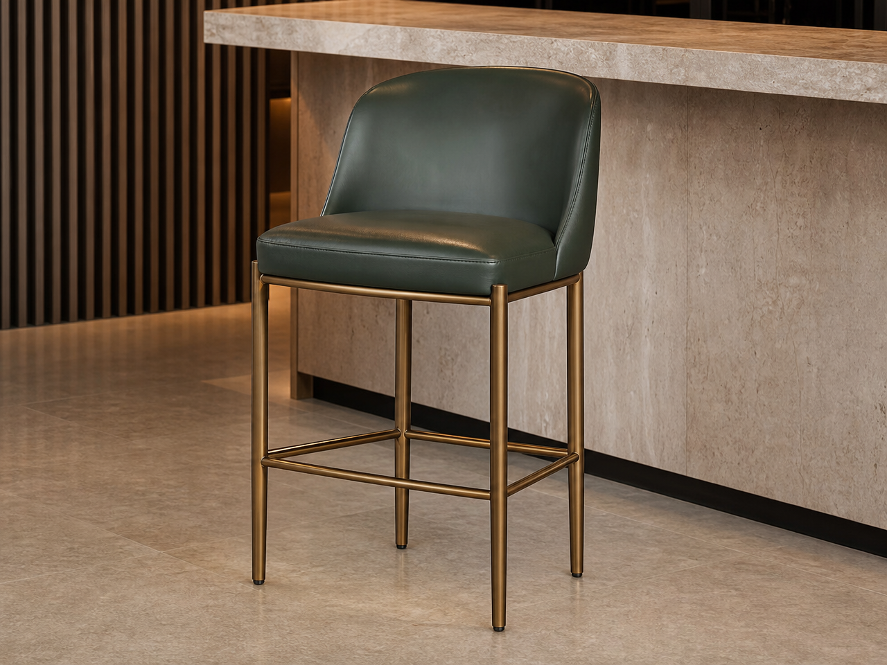 Bronze PVD bar stool with green leather