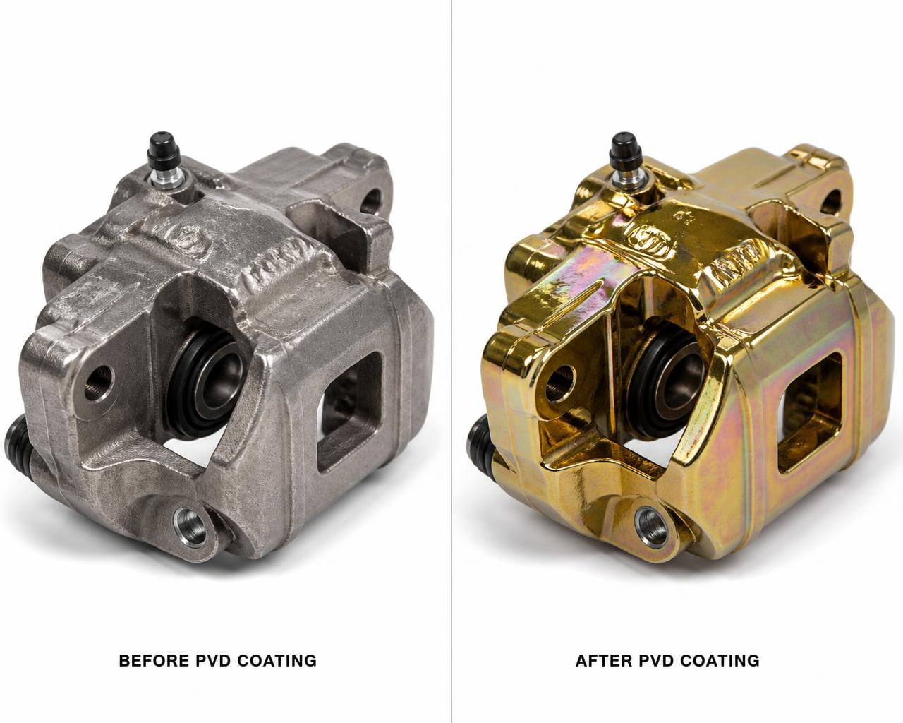 Brake caliper shown before PVD coating and after gold PVD coating