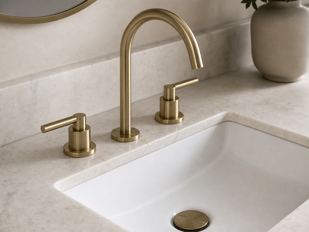 Champagne PVD basin mixer on marble