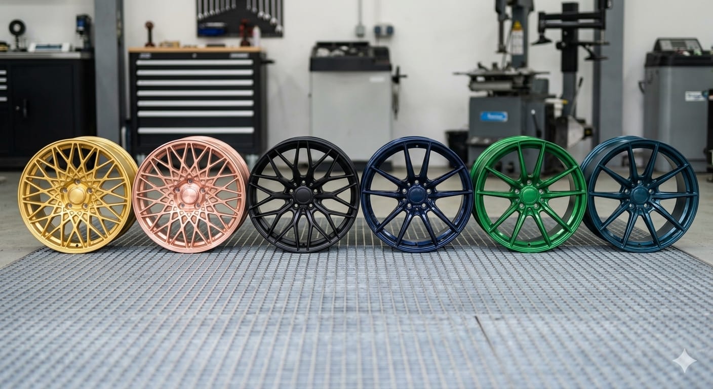 Alloy wheels finished in gold, rose gold, black, blue and green PVD