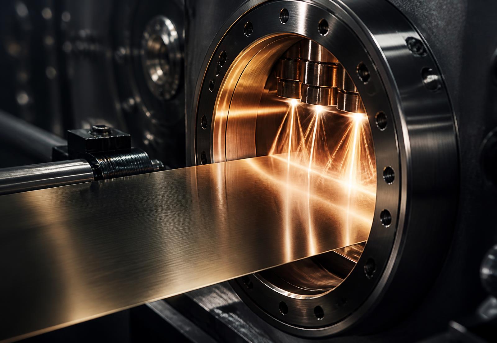 Steel receiving a champagne gold PVD finish inside a vacuum chamber