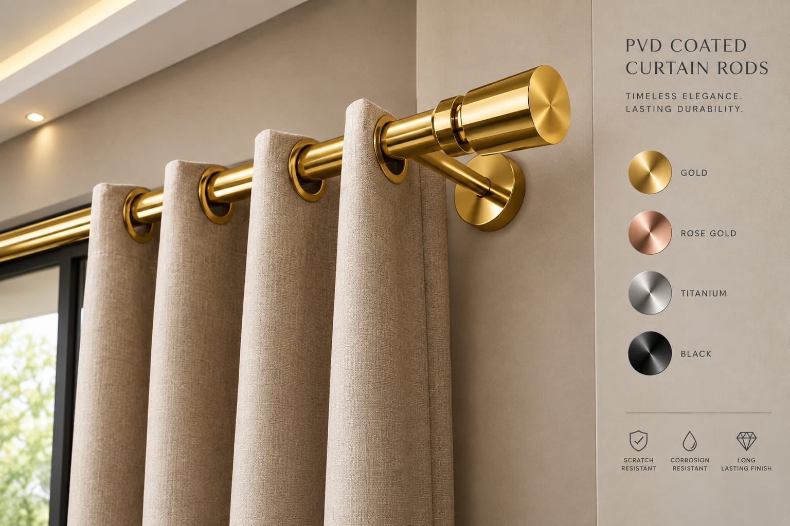 Gold PVD curtain rod with finial and bracket on beige drapery