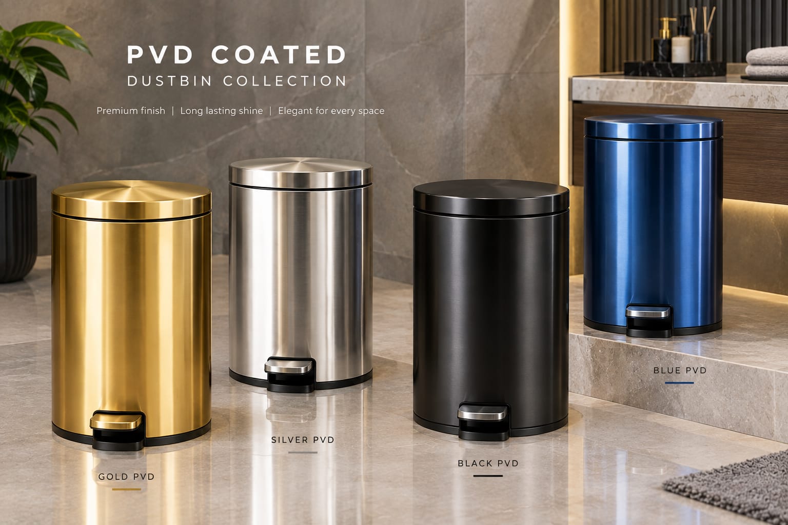 PVD coated pedal bins in gold, silver, black and blue finishes