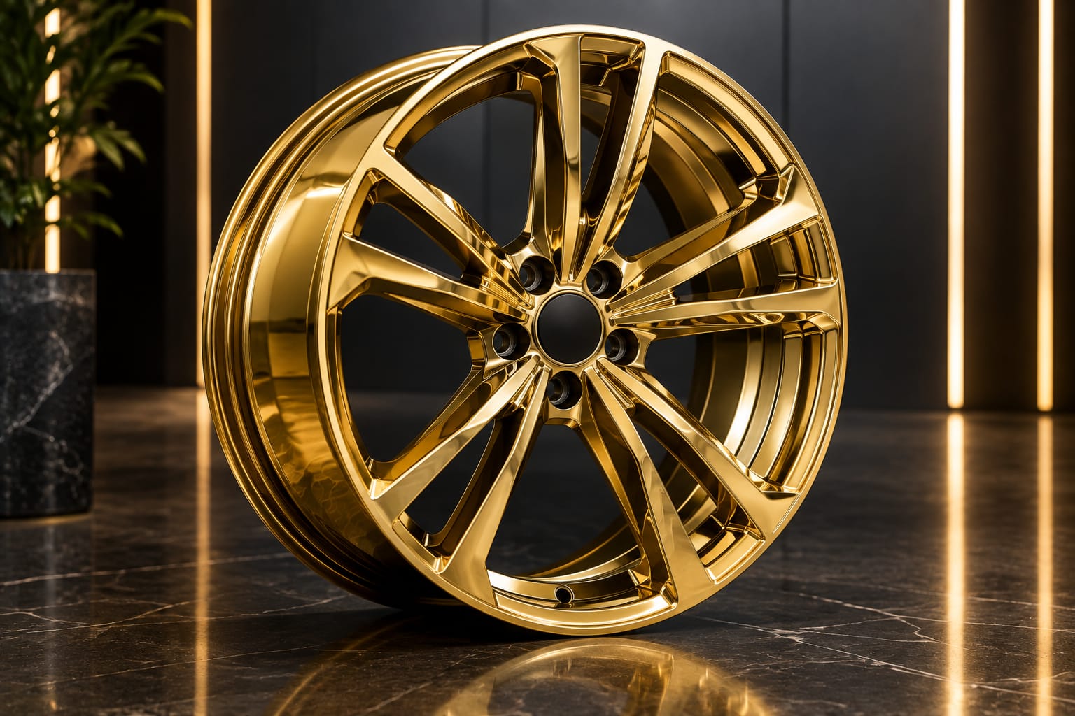 Polished gold PVD alloy wheel in a dark showroom