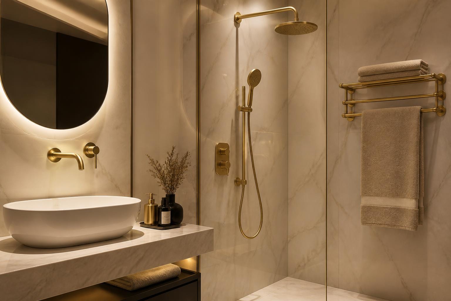 Luxury bathroom fitted with coordinated gold PVD brassware