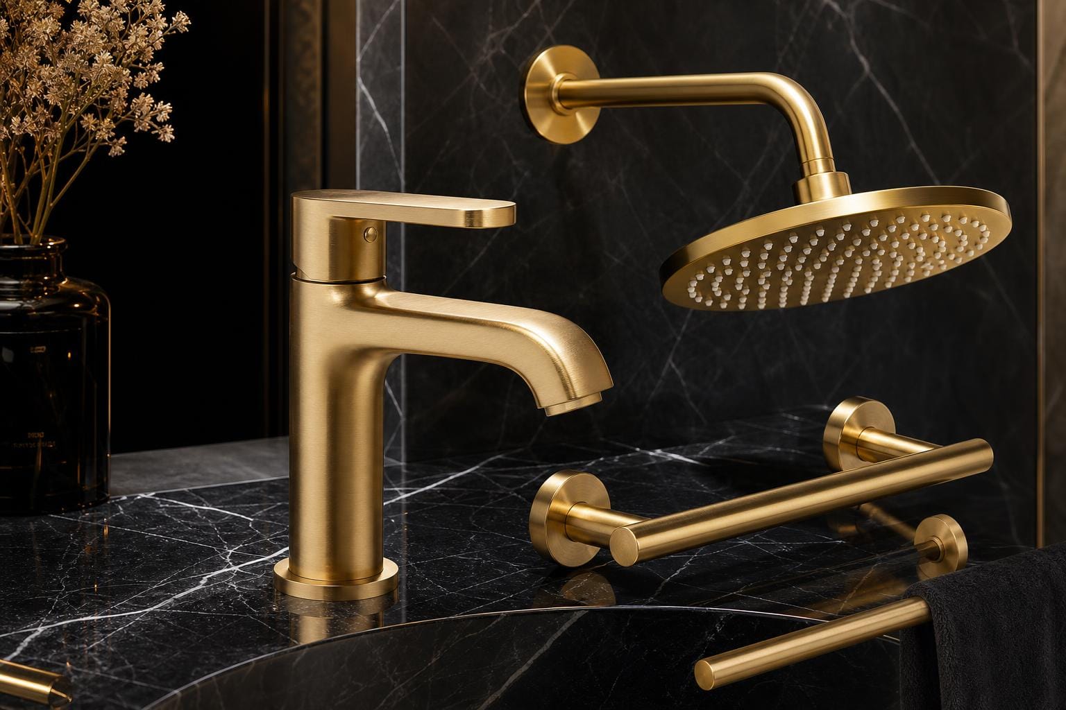 Gold PVD tap, shower and bathroom accessories