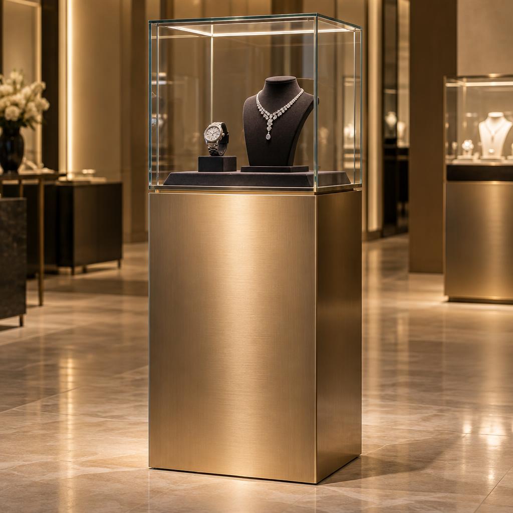 Gold PVD jewellery vitrine with illuminated pedestal
