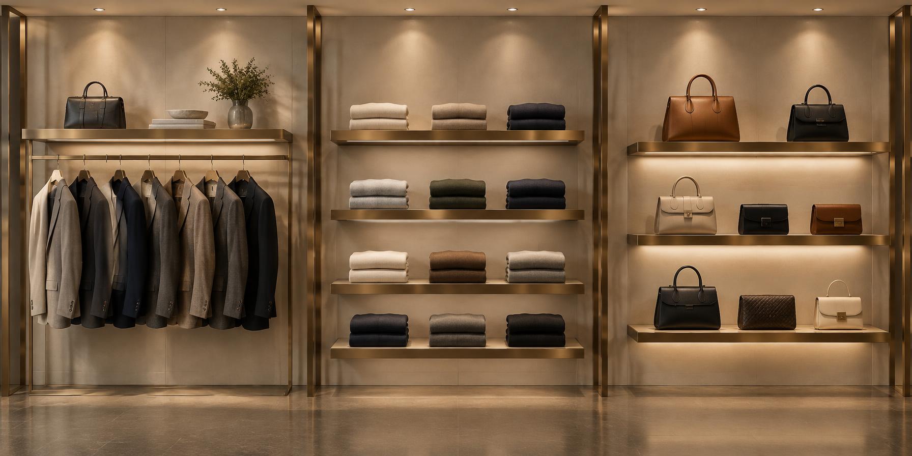 Gold PVD shelves with handbags, suits and folded knitwear