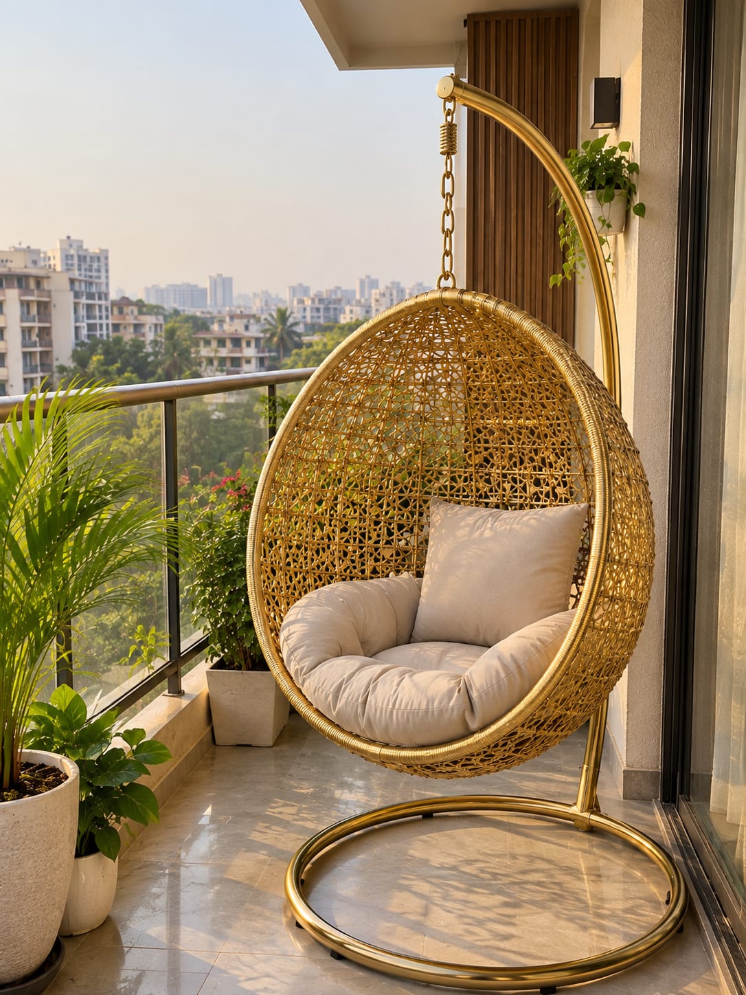 Gold PVD hanging chair on a balcony