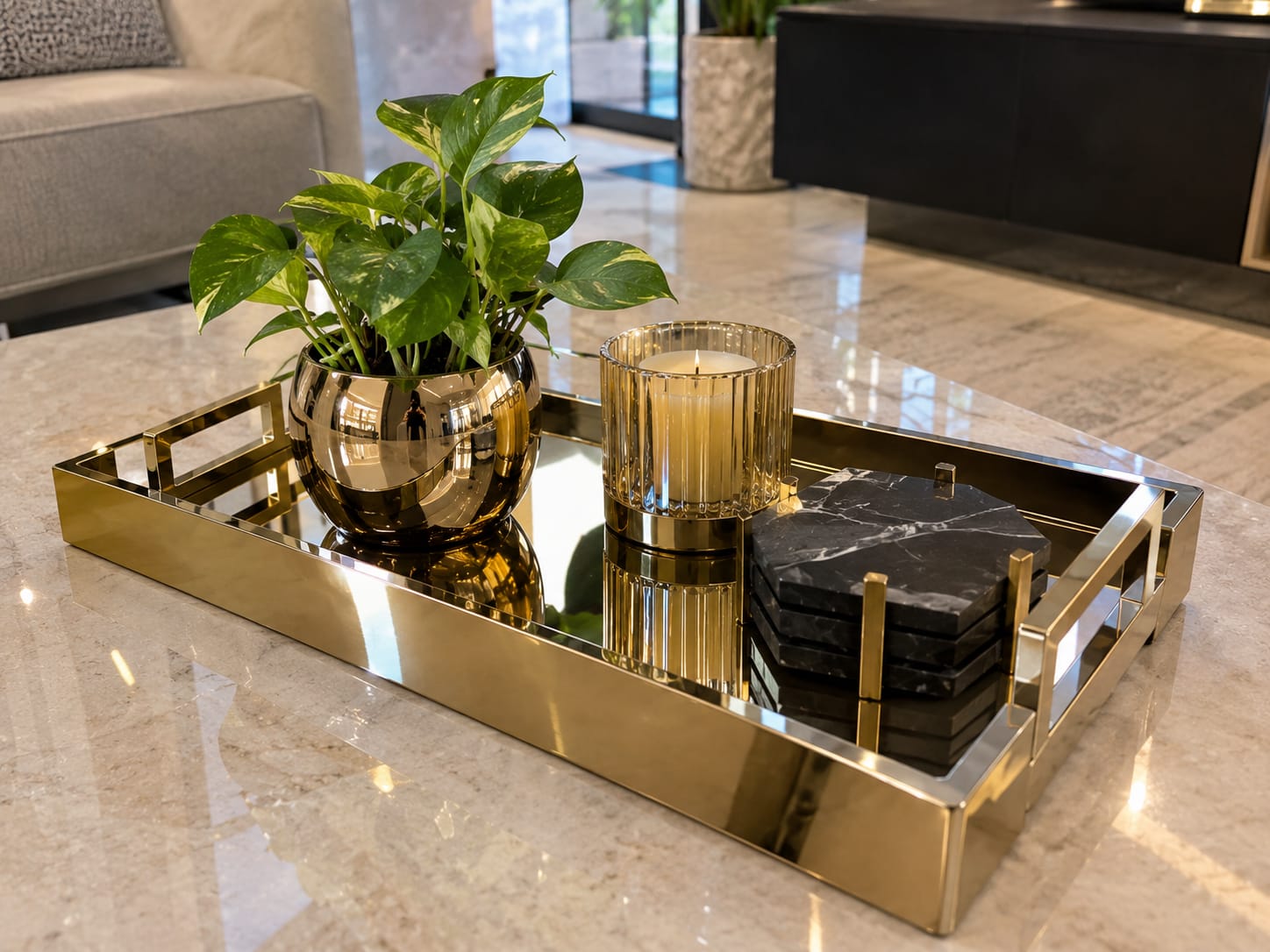 Gold PVD serving tray with decorative accessories