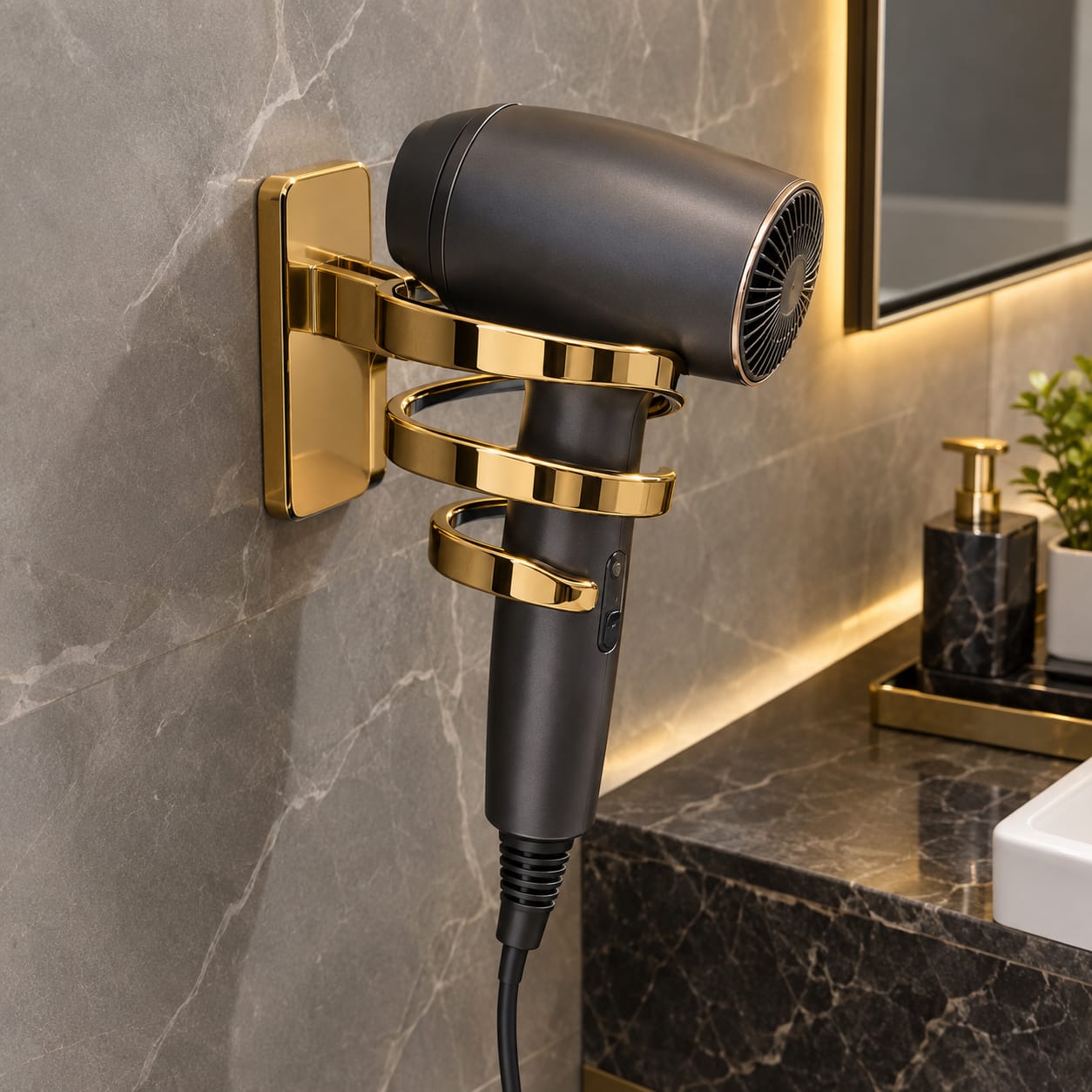 Gold PVD wall-mounted hair dryer holder
