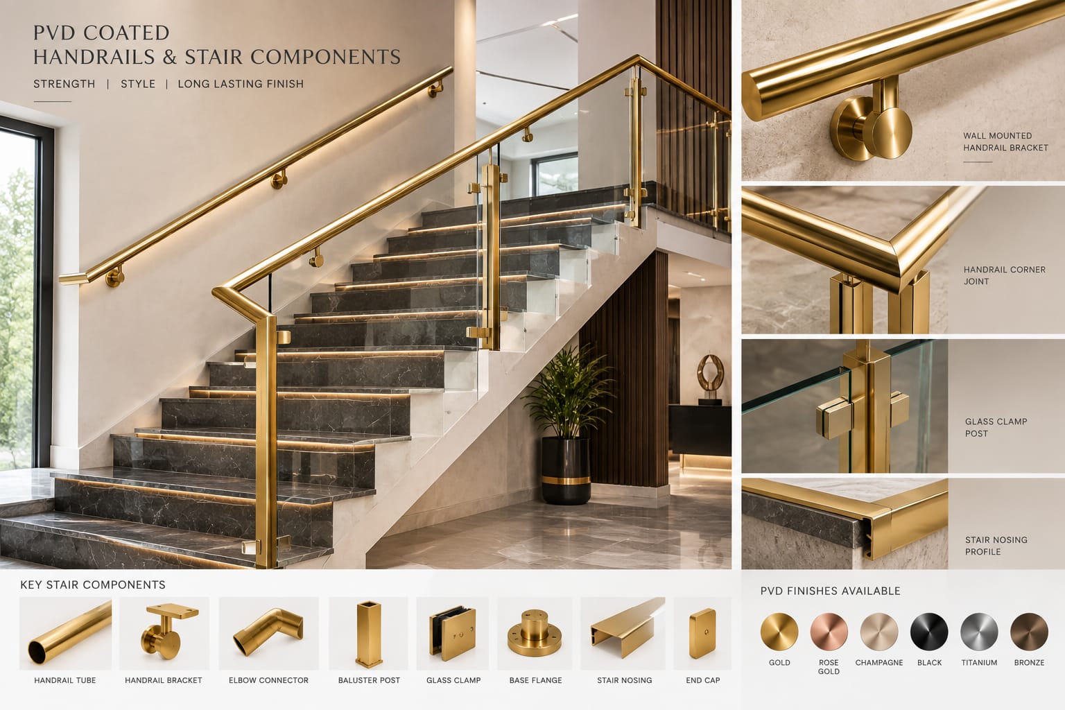 Gold PVD handrails, brackets and stair components on a marble staircase