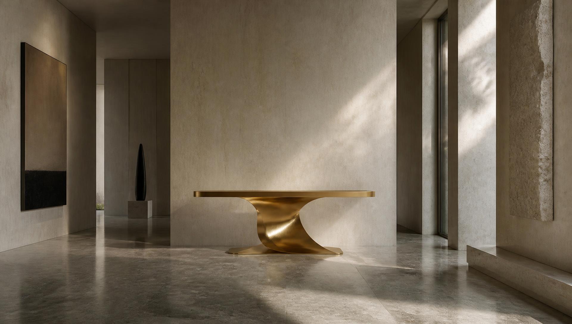 Champagne gold PVD coated console in a minimal stone gallery