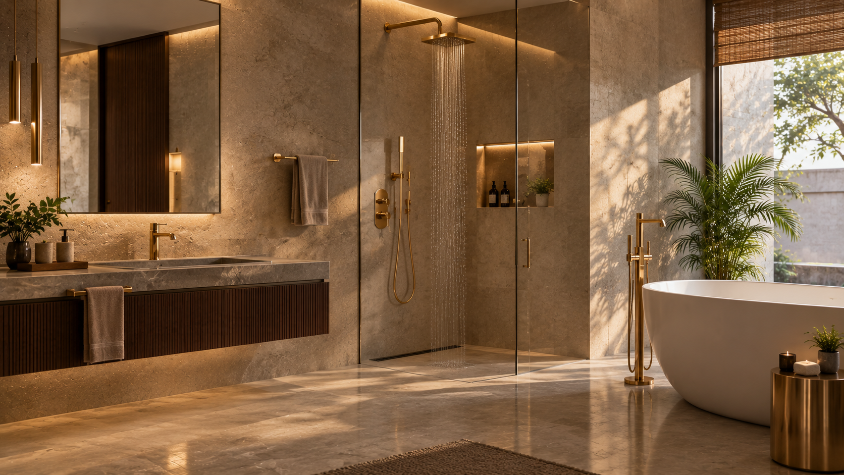 Gold PVD bathroom fittings in a warm stone interior