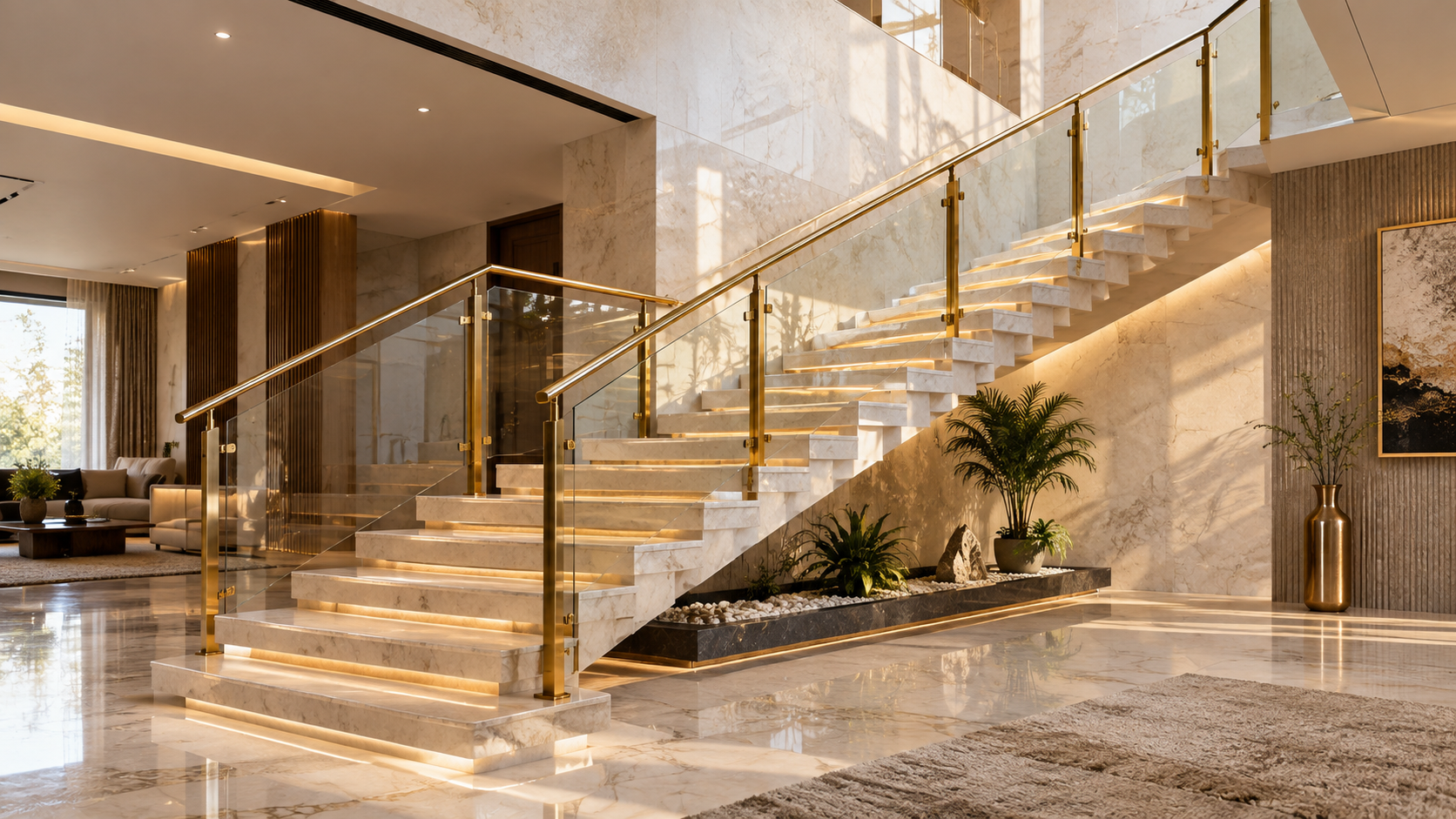 Gold PVD handrails framing an illuminated marble staircase