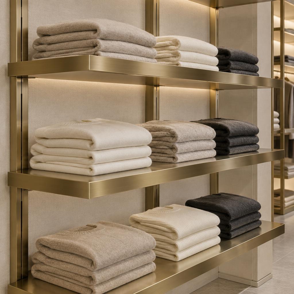 Gold PVD shelving with folded knitwear collections