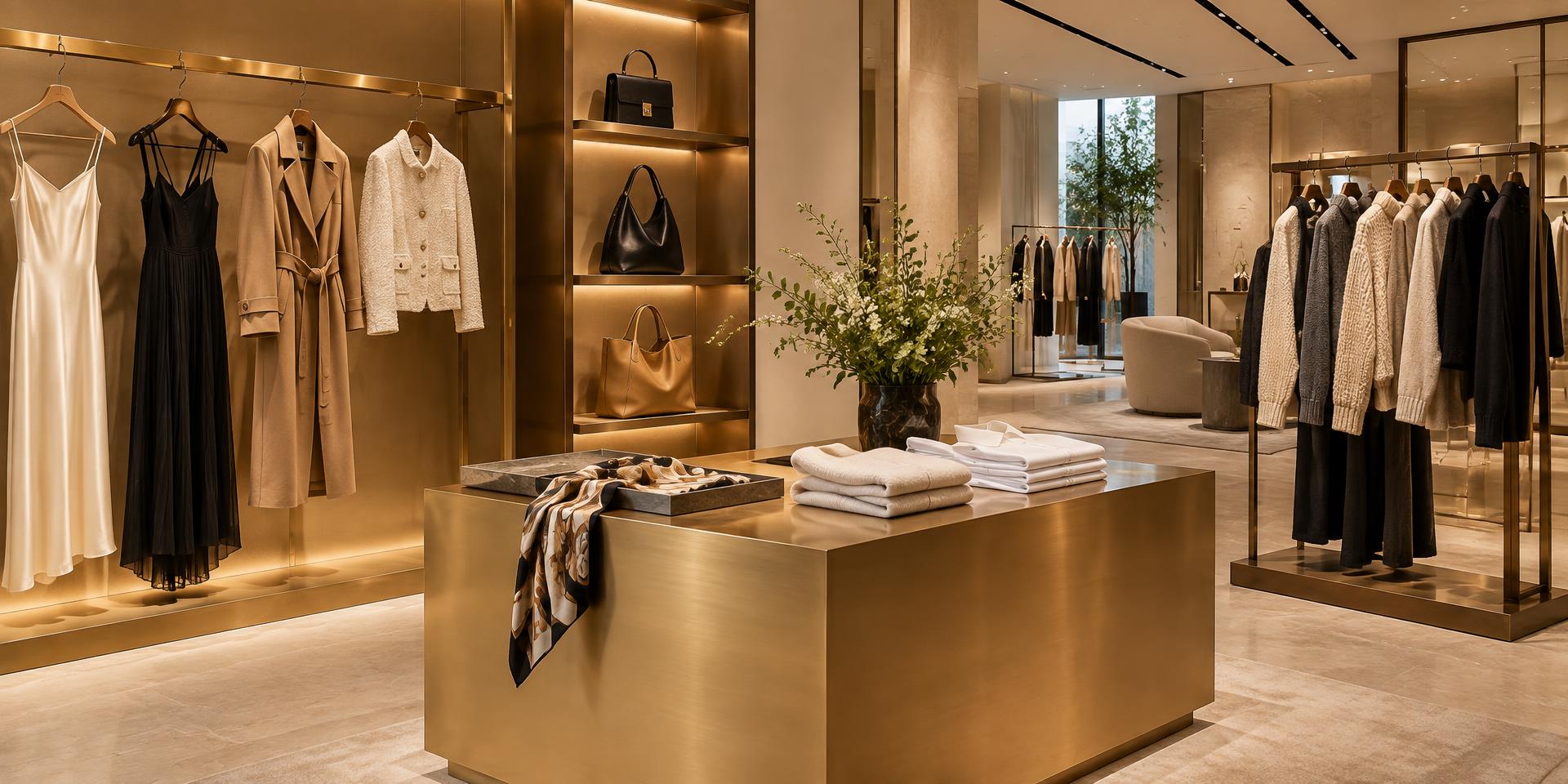 Womenswear boutique with gold PVD visual merchandising fixtures