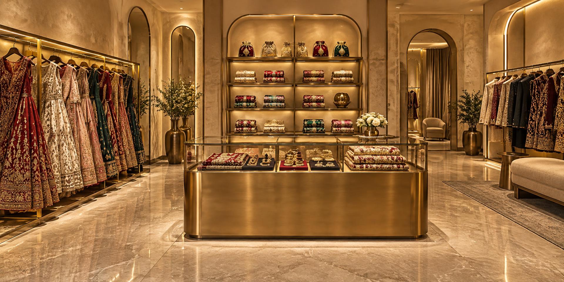 Indian bridal boutique with gold PVD counters and rails