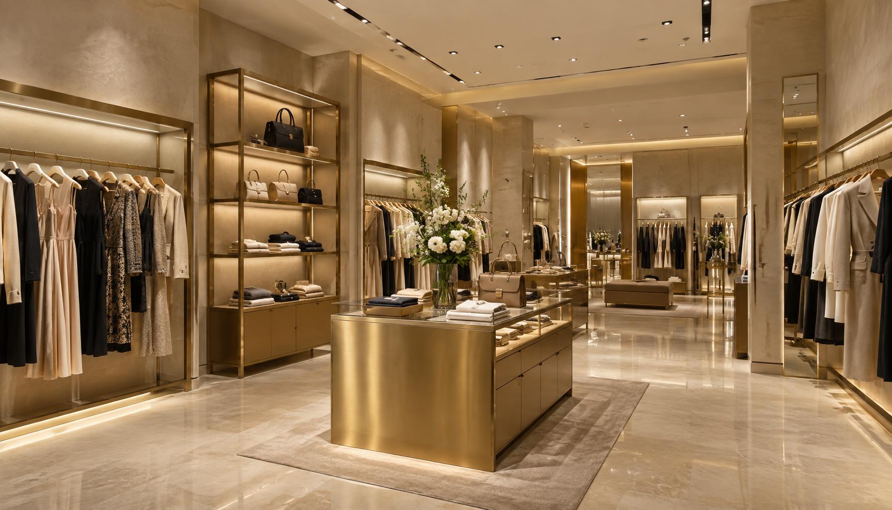 Luxury ladies boutique with gold PVD racks and counters