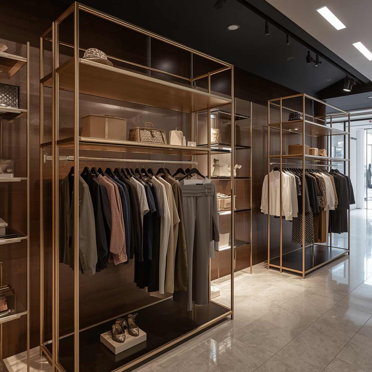 Luxury boutique with bronze PVD freestanding clothing racks