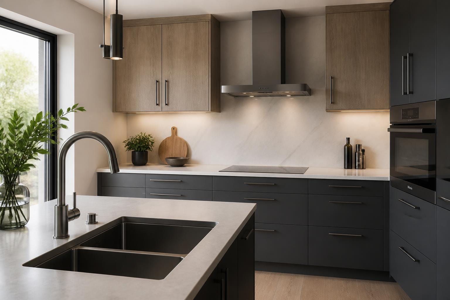Modern kitchen with dark PVD cabinet hardware