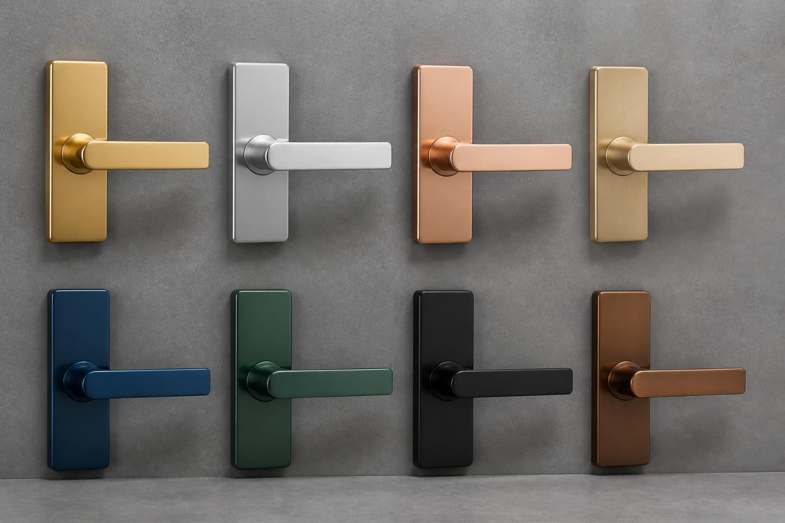 Door handles displayed in eight PVD finishes
