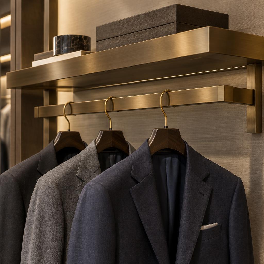 Brass suit rail with tailored jackets