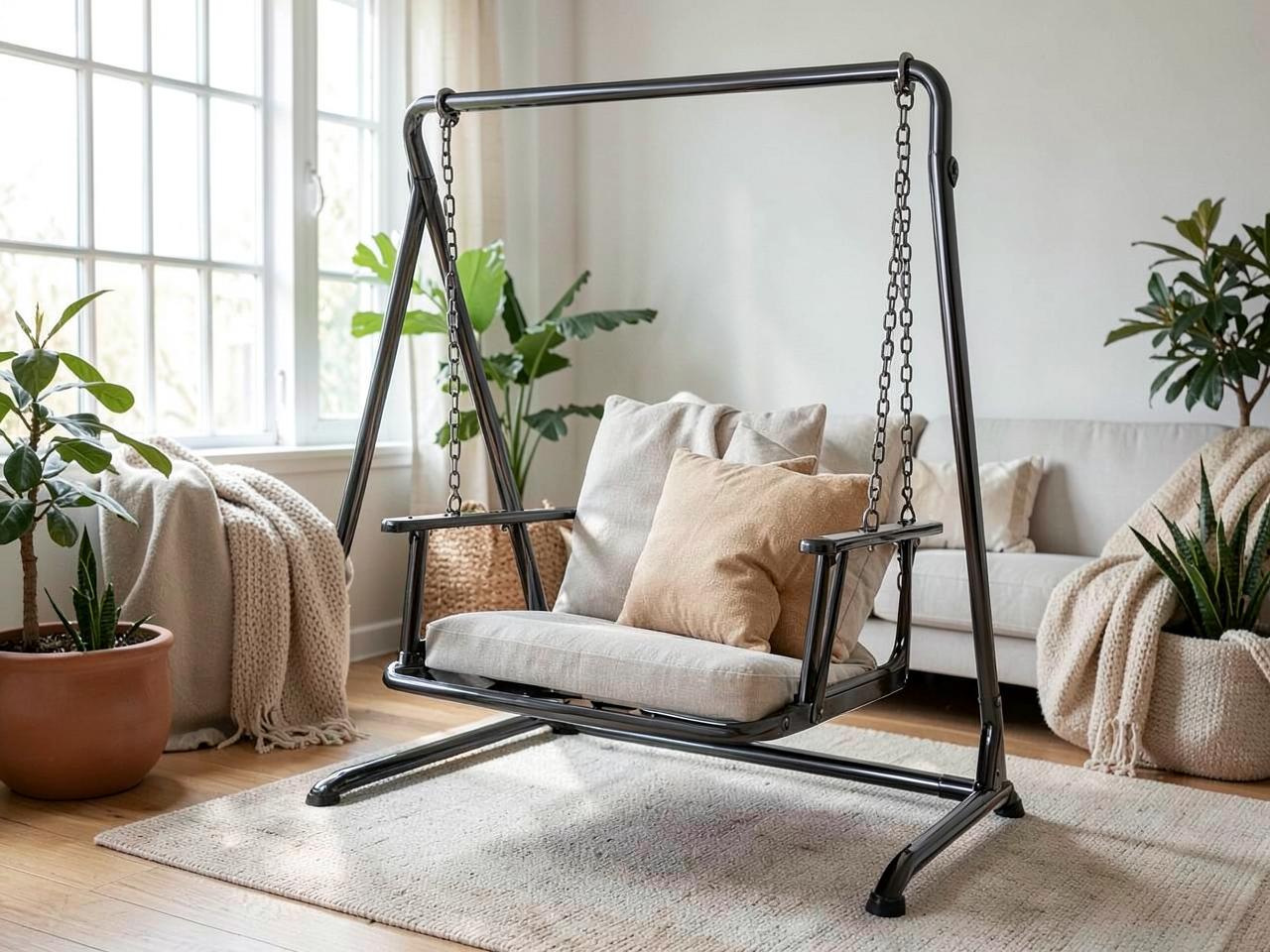 Metal-frame swing chair with graphite PVD finish in a bright living room