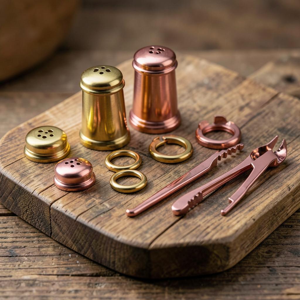 PVD coated shakers, napkin rings and tongs in gold and rose gold on a wooden board